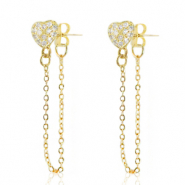 Brass TQ metaal oorstekers hart met ketting Gold-crystal