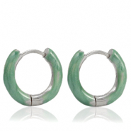 Roestvrij stalen (RVS) Stainless steel oorbellen creolen enamel 16mm Persian green-silver
