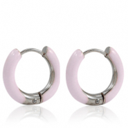 Roestvrij stalen (RVS) Stainless steel oorbellen creolen enamel 16mm Soft light pink-silver