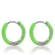 Roestvrij stalen (RVS) Stainless steel oorbellen creolen enamel 14mm Bright green-silver