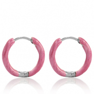 Roestvrij stalen (RVS) Stainless steel oorbellen creolen enamel 14mm Punch pink-silver