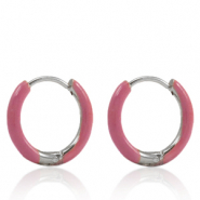Roestvrij stalen (RVS) Stainless steel oorbellen creolen enamel 14mm Thulian pink-silver