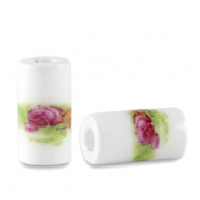 Kralen keramiek tubes White-green