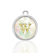 Roestvrij stalen (RVS) Stainless steel bedels 12mm shell initial W White (natuurlijke kleur)-silver
