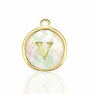 Roestvrij stalen (RVS) Stainless steel bedels 12mm shell initial V White (natuurlijke kleur)-gold