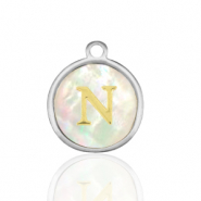 Roestvrij stalen (RVS) Stainless steel bedels 12mm shell initial N White (natuurlijke kleur)-silver