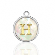 Roestvrij stalen (RVS) Stainless steel bedels 12mm shell initial H White (natuurlijke kleur)-silver