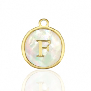 Roestvrij stalen (RVS) Stainless steel bedels 12mm shell initial F White (natuurlijke kleur)-gold