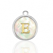 Roestvrij stalen (RVS) Stainless steel bedels 12mm shell initial E White (natuurlijke kleur)-silver