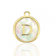 Roestvrij stalen (RVS) Stainless steel bedels 12mm shell initial D White (natuurlijke kleur)-gold