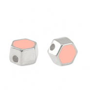 Kralen DQ metaal hexagon Antiek zilver-salmon pink (nikkelvrij)