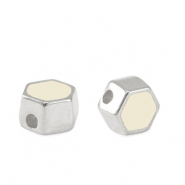 Kralen DQ metaal hexagon Antiek zilver-ivory white (nikkelvrij)