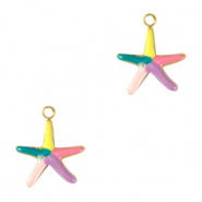 Roestvrij stalen (RVS) Stainless steel bedels zeester enamel Gold-multicolour