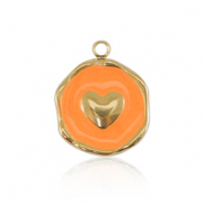 Roestvrij stalen (RVS) Stainless steel bedels heart Gold-neon orange
