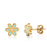 Roestvrij stalen (RVS) Stainless steel oorbellen flower Turquoise-gold