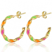 Roestvrij stalen (RVS) Stainless steel oorbellen Neon multicolour pink orange green-gold