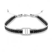Trendy armbanden lint met stainless steel tussenstuk Black-silver