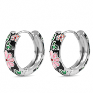 Brass TQ metaal creolen met enamel flower Silver-black pink