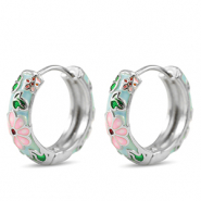 Brass TQ metaal creolen met enamel flower Silver-pink blue
