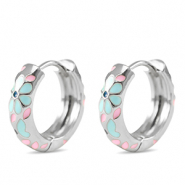 Brass TQ metaal creolen met enamel flower Silver-blue pink