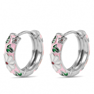 Brass TQ metaal creolen met enamel flower Silver-pink white