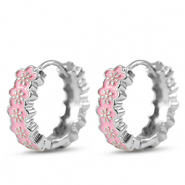 Brass TQ metaal creolen met enamel flower Silver-pink
