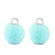 Pompom bedels met oog 10mm Silver-aquamarine blue