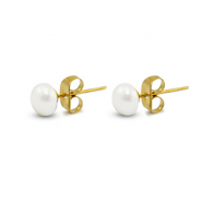 Roestvrij stalen (RVS) Stainless steel oorbellen / oorstekers parels 6mm Gold-pearl white