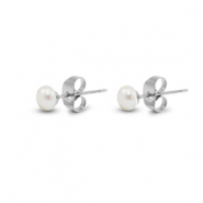 Roestvrij stalen (RVS) Stainless steel oorbellen / oorstekers parels 5mm Silver-pearl white