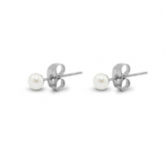 Roestvrij stalen (RVS) Stainless steel oorbellen / oorstekers parels 4mm Silver-pearl white