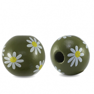 Houten kralen rond 16mm bloem Olive green