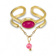 Roestvrij stalen (RVS) Stainless steel ringen met natuursteen Gold-magenta pink