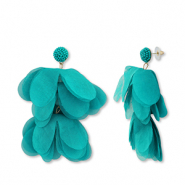 Trendy oorbellen/oorstekers chiffon bloem Teal green-gold