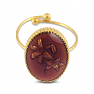 Roestvrij stalen (RVS) Stainless steel ringen enamel ovaal met bloem Gold-amethyst