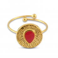 Roestvrij stalen (RVS) Stainless steel ringen enamel rond met druppel Gold-magenta pink