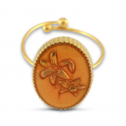 Roestvrij stalen (RVS) Stainless steel ringen enamel ovaal met bloem Gold-salmon pink