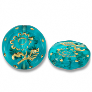 Acryl kralen rond met bloem Teal blue-gold