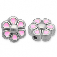 Roestvrij stalen (RVS) Stainless steel kralen bloem Silver-light pink-white
