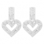 Eco-brass&reg; metaal oorbellen / oorstekers met strass hart Silver-crystal