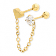 Roestvrij stalen (RVS) Stainless steel oorpiercing hart met ketting & strass Gold-crystal