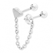 Roestvrij stalen (RVS) Stainless steel oorpiercing hart met ketting & strass Silver-crystal