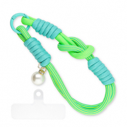 Trendy telefoonkoord met parel incl. bevestiging Neon green-turquoise teal-ivory white