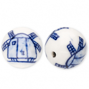 Kralen keramiek 15mm met molen Off white-Delft blue