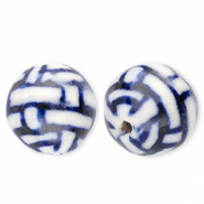 Kralen keramiek 12mm met rechthoeken Off white-Delft blue