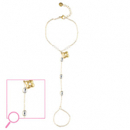 Roestvrij stalen (RVS) Stainless steel handkettingen bloem Gold-crystal-white