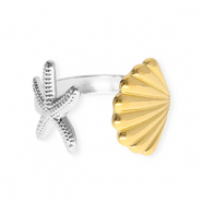 Roestvrij stalen (RVS) Stainless steel ringen zeester en schelp Silver-gold