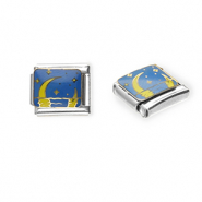 Roestvrij stalen (RVS) Stainless steel Italian charms losse schakels maan en sterren Silver-blue-yellow
