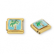 Roestvrij stalen (RVS) Stainless steel Italian charms losse schakels palmboom Gold-light blue-green
