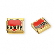 Roestvrij stalen (RVS) Stainless steel Italian charms losse schakels hart "Family" Gold-red-black