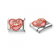 Roestvrij stalen (RVS) Stainless steel Italian charms losse schakels hart "Girl power" Silver-pink-red
